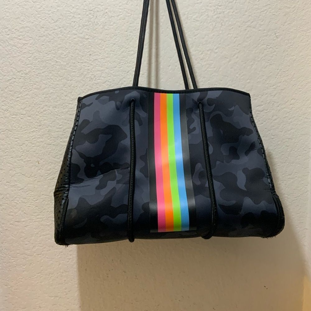 Blue Camo Pink/Yellow/Blue Stripe Neoprene Tote Bag
